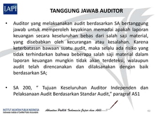 TANGGUNG JAWAB AUDITOR

•   Auditor yang melaksanakan audit berdasarkan SA bertanggung
    jawab untuk memperoleh keyakinan memadai apakah laporan
    keuangan secara keseluruhan bebas dari salah saji material,
    yang disebabkan oleh kecurangan atau kesalahan. Karena
    keterbatasan bawaan suatu audit, maka selalu ada risiko yang
    tidak terhindarkan bahwa beberapa salah saji material dalam
    laporan keuangan mungkin tidak akan terdeteksi, walaupun
    audit telah direncanakan dan dilaksanakan dengan baik
    berdasarkan SA;

•   SA 200, “ Tujuan Keseluruhan Auditor Independen dan
    Pelaksanaan Audit Berdasarkan Standar Audit,” paragraf A51


                                                               60
 