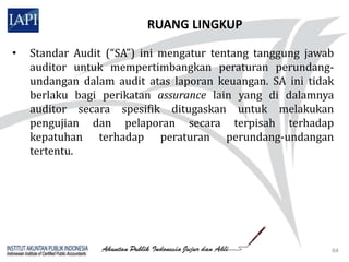 RUANG LINGKUP

•   Standar Audit (“SA”) ini mengatur tentang tanggung jawab
    auditor untuk mempertimbangkan peraturan perundang-
    undangan dalam audit atas laporan keuangan. SA ini tidak
    berlaku bagi perikatan assurance lain yang di dalamnya
    auditor secara spesifik ditugaskan untuk melakukan
    pengujian dan pelaporan secara terpisah terhadap
    kepatuhan terhadap peraturan perundang-undangan
    tertentu.




                                                           64
 