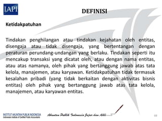 DEFINISI

Ketidakpatuhan

Tindakan penghilangan atau tindakan kejahatan oleh entitas,
disengaja atau tidak disengaja, yang bertentangan dengan
peraturan perundang-undangan yang berlaku. Tindakan seperti itu
mencakup transaksi yang dicatat oleh, atau dengan nama entitas,
atau atas namanya, oleh pihak yang bertanggung jawab atas tata
kelola, manajemen, atau karyawan. Ketidakpatuhan tidak termasuk
kesalahan pribadi (yang tidak berkaitan dengan aktivitas bisnis
entitas) oleh pihak yang bertanggung jawab atas tata kelola,
manajemen, atau karyawan entitas.



                                                              68
 