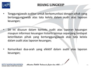 RUANG LINGKUP

•   Tanggungjawab auditor untuk berkomunikasi dengan pihak yang
    bertanggungjawab atas tata kelola dalam audit atas laporan
    keuangan;

•   SA ini disusun dalam konteks audit atas laporan keuangan
    maupun informasi keuangan historis lainnya sepanjang terdapat
    keterlibatan pihak yang bertanggungjawab atas tata kelola
    dalam audit atas laporan keuangan;

•   Komunikasi dua-arah yang efektif dalam audit atas laporan
    keuangan;


                                                                71
 