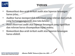 TUJUAN

•   Komunikasi dua-arah terkait audit atas laporan keuangan
    harus jelas;
•   Auditor harus memperoleh informasi yang relevan dari pihak
    yang bertanggungjawab atas tata kelola;
•   Hasil observasi audit atas laporan keuangan yang signifikan
    dan relevan harus disampaikan tepat waktu;
•   Komunikasi dua-arah terkait audit atas laporan keuangan
    harus efektif.




                                                              73
 