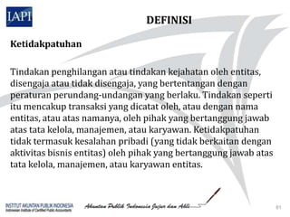 DEFINISI

Ketidakpatuhan

Tindakan penghilangan atau tindakan kejahatan oleh entitas,
disengaja atau tidak disengaja, yang bertentangan dengan
peraturan perundang-undangan yang berlaku. Tindakan seperti
itu mencakup transaksi yang dicatat oleh, atau dengan nama
entitas, atau atas namanya, oleh pihak yang bertanggung jawab
atas tata kelola, manajemen, atau karyawan. Ketidakpatuhan
tidak termasuk kesalahan pribadi (yang tidak berkaitan dengan
aktivitas bisnis entitas) oleh pihak yang bertanggung jawab atas
tata kelola, manajemen, atau karyawan entitas.



                                                                   81
 