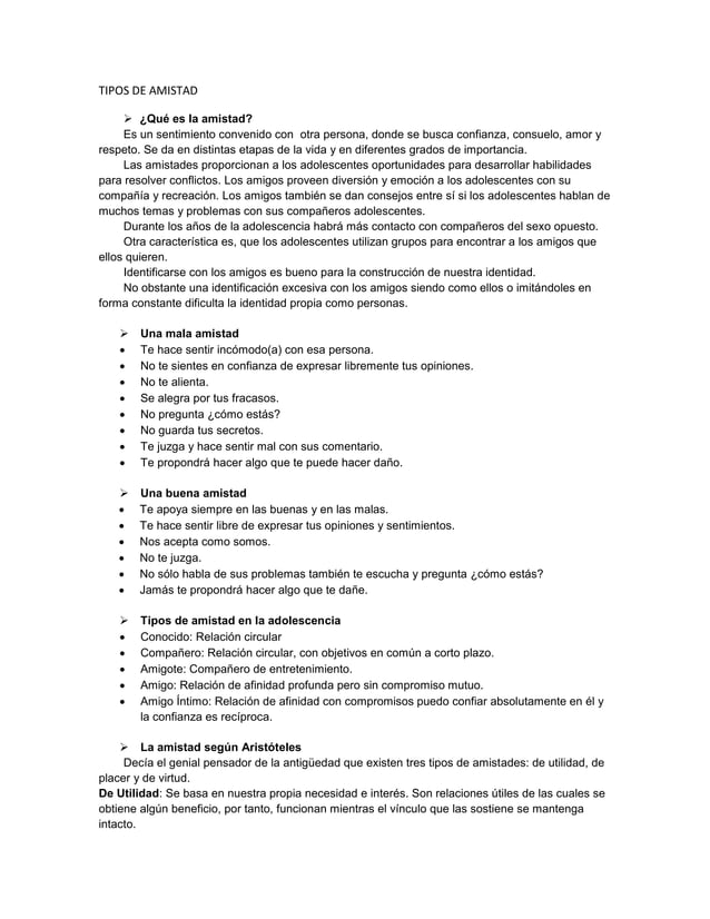 Diferentes tipos de amistad. Lista de lo que no es y sí es la amistad | PDF