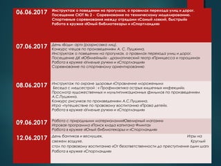 06.06.2017 Инструктаж о поведении на прогулках, о правилах перехода улиц и дорог.
Посещение СЮТ № 2 - Соревнования по техническому моделированию.
Спортивные соревнования между отрядами «Самый ловкий, быстрый»
Работа в кружке «Юный библиотекарь» и «Спортландия»
07.06.2017 День «Боди- арт» (разрисовка лиц).
Конкурс чтецов по произведениям А. С. Пушкина.
Инструктаж о поведении на прогулках, о правилах перехода улиц и дорог.
Посещение ДК «Юбилейный» - драматический театр «Принцесса и горошина»
Работа в кружке «Умелые ручки» и «Спортландия»
Соревнование по спортивному ориентированию
08.06.2017 Инструктаж по охране здоровья «Отравление мороженым»
Беседа с медсестрой : « Профилактика острых кишечных инфекций».
Просмотр художественных и мультипликационных фильмов по произведениям
А.С.Пушкина.
Конкурс рисунков по произведениям А.С.Пушкина.
Игра –путешествие по правовому воспитанию «Права детей».
Работа в кружке «Умелые ручки» и «Спортландия»
09.06.2017 Работа с природными материалами«Ювелирный магазин»
Игровая программа «Поиск клада капитана Флинта»
Работа в кружке «Юный библиотекарь» и «Спортландия»
12.06.2017 День бантиков и веснушек. Игры на
свежем воздухе. Круглый
стол по правовому воспитанию «От безответственности до преступления один шаг»
Работа в кружке «Спортландия»
 