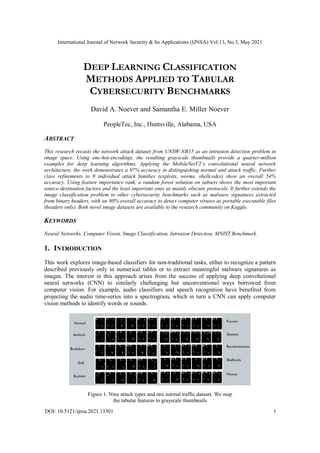 International Journal of Network Security & Its Applications (IJNSA) Vol.13, No.3, May 2021
DOI: 10.5121/ijnsa.2021.13301 1
DEEP LEARNING CLASSIFICATION
METHODS APPLIED TO TABULAR
CYBERSECURITY BENCHMARKS
David A. Noever and Samantha E. Miller Noever
PeopleTec, Inc., Huntsville, Alabama, USA
ABSTRACT
This research recasts the network attack dataset from UNSW-NB15 as an intrusion detection problem in
image space. Using one-hot-encodings, the resulting grayscale thumbnails provide a quarter-million
examples for deep learning algorithms. Applying the MobileNetV2’s convolutional neural network
architecture, the work demonstrates a 97% accuracy in distinguishing normal and attack traffic. Further
class refinements to 9 individual attack families (exploits, worms, shellcodes) show an overall 54%
accuracy. Using feature importance rank, a random forest solution on subsets shows the most important
source-destination factors and the least important ones as mainly obscure protocols. It further extends the
image classification problem to other cybersecurity benchmarks such as malware signatures extracted
from binary headers, with an 80% overall accuracy to detect computer viruses as portable executable files
(headers only). Both novel image datasets are available to the research community on Kaggle.
KEYWORDS
Neural Networks, Computer Vision, Image Classification, Intrusion Detection, MNIST Benchmark.
1. INTRODUCTION
This work explores image-based classifiers for non-traditional tasks, either to recognize a pattern
described previously only in numerical tables or to extract meaningful malware signatures as
images. The interest in this approach arises from the success of applying deep convolutional
neural networks (CNN) to similarly challenging but unconventional ways borrowed from
computer vision. For example, audio classifiers and speech recognition have benefited from
projecting the audio time-series into a spectrogram, which in turn a CNN can apply computer
vision methods to identify words or sounds.
Figure 1. Nine attack types and one normal traffic dataset. We map
the tabular features to grayscale thumbnails
 