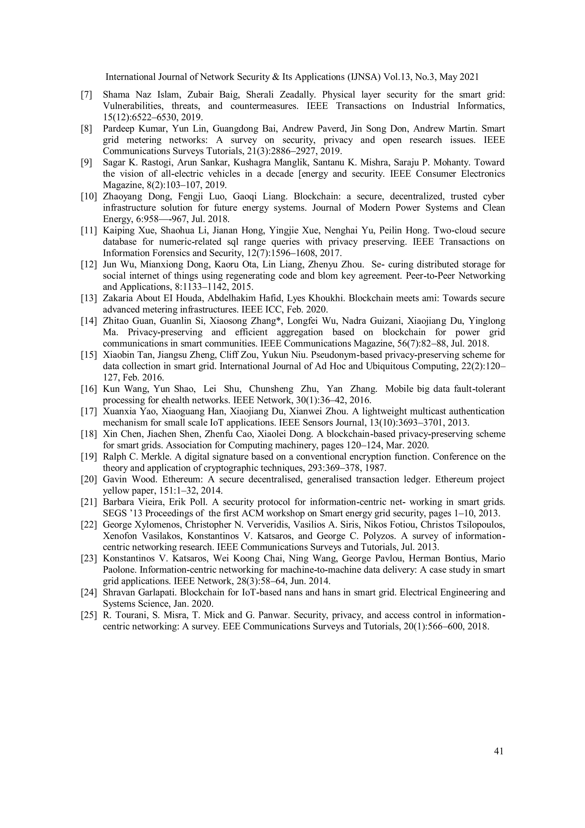 International Journal of Network Security & Its Applications (IJNSA) Vol.13, No.3, May 2021
41
[7] Shama Naz Islam, Zubair Baig, Sherali Zeadally. Physical layer security for the smart grid:
Vulnerabilities, threats, and countermeasures. IEEE Transactions on Industrial Informatics,
15(12):6522–6530, 2019.
[8] Pardeep Kumar, Yun Lin, Guangdong Bai, Andrew Paverd, Jin Song Don, Andrew Martin. Smart
grid metering networks: A survey on security, privacy and open research issues. IEEE
Communications Surveys Tutorials, 21(3):2886–2927, 2019.
[9] Sagar K. Rastogi, Arun Sankar, Kushagra Manglik, Santanu K. Mishra, Saraju P. Mohanty. Toward
the vision of all-electric vehicles in a decade [energy and security. IEEE Consumer Electronics
Magazine, 8(2):103–107, 2019.
[10] Zhaoyang Dong, Fengji Luo, Gaoqi Liang. Blockchain: a secure, decentralized, trusted cyber
infrastructure solution for future energy systems. Journal of Modern Power Systems and Clean
Energy, 6:958—-967, Jul. 2018.
[11] Kaiping Xue, Shaohua Li, Jianan Hong, Yingjie Xue, Nenghai Yu, Peilin Hong. Two-cloud secure
database for numeric-related sql range queries with privacy preserving. IEEE Transactions on
Information Forensics and Security, 12(7):1596–1608, 2017.
[12] Jun Wu, Mianxiong Dong, Kaoru Ota, Lin Liang, Zhenyu Zhou. Se- curing distributed storage for
social internet of things using regenerating code and blom key agreement. Peer-to-Peer Networking
and Applications, 8:1133–1142, 2015.
[13] Zakaria About EI Houda, Abdelhakim Hafid, Lyes Khoukhi. Blockchain meets ami: Towards secure
advanced metering infrastructures. IEEE ICC, Feb. 2020.
[14] Zhitao Guan, Guanlin Si, Xiaosong Zhang*, Longfei Wu, Nadra Guizani, Xiaojiang Du, Yinglong
Ma. Privacy-preserving and efficient aggregation based on blockchain for power grid
communications in smart communities. IEEE Communications Magazine, 56(7):82–88, Jul. 2018.
[15] Xiaobin Tan, Jiangsu Zheng, Cliff Zou, Yukun Niu. Pseudonym-based privacy-preserving scheme for
data collection in smart grid. International Journal of Ad Hoc and Ubiquitous Computing, 22(2):120–
127, Feb. 2016.
[16] Kun Wang, Yun Shao, Lei Shu, Chunsheng Zhu, Yan Zhang. Mobile big data fault-tolerant
processing for ehealth networks. IEEE Network, 30(1):36–42, 2016.
[17] Xuanxia Yao, Xiaoguang Han, Xiaojiang Du, Xianwei Zhou. A lightweight multicast authentication
mechanism for small scale IoT applications. IEEE Sensors Journal, 13(10):3693–3701, 2013.
[18] Xin Chen, Jiachen Shen, Zhenfu Cao, Xiaolei Dong. A blockchain-based privacy-preserving scheme
for smart grids. Association for Computing machinery, pages 120–124, Mar. 2020.
[19] Ralph C. Merkle. A digital signature based on a conventional encryption function. Conference on the
theory and application of cryptographic techniques, 293:369–378, 1987.
[20] Gavin Wood. Ethereum: A secure decentralised, generalised transaction ledger. Ethereum project
yellow paper, 151:1–32, 2014.
[21] Barbara Vieira, Erik Poll. A security protocol for information-centric net- working in smart grids.
SEGS ’13 Proceedings of the first ACM workshop on Smart energy grid security, pages 1–10, 2013.
[22] George Xylomenos, Christopher N. Ververidis, Vasilios A. Siris, Nikos Fotiou, Christos Tsilopoulos,
Xenofon Vasilakos, Konstantinos V. Katsaros, and George C. Polyzos. A survey of information-
centric networking research. IEEE Communications Surveys and Tutorials, Jul. 2013.
[23] Konstantinos V. Katsaros, Wei Koong Chai, Ning Wang, George Pavlou, Herman Bontius, Mario
Paolone. Information-centric networking for machine-to-machine data delivery: A case study in smart
grid applications. IEEE Network, 28(3):58–64, Jun. 2014.
[24] Shravan Garlapati. Blockchain for IoT-based nans and hans in smart grid. Electrical Engineering and
Systems Science, Jan. 2020.
[25] R. Tourani, S. Misra, T. Mick and G. Panwar. Security, privacy, and access control in information-
centric networking: A survey. EEE Communications Surveys and Tutorials, 20(1):566–600, 2018.
 