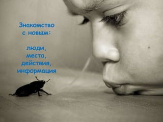 Знакомство
 с новым:

  люди,
  места,
 действия,
информация
 