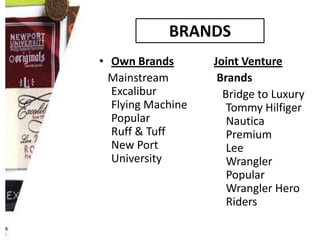 BRANDS
• Own Brands
Mainstream
Excalibur
Flying Machine
Popular
Ruff & Tuff
New Port
University

Joint Venture
Brands
Bridge to Luxury
Tommy Hilfiger
Nautica
Premium
Lee
Wrangler
Popular
Wrangler Hero
Riders

 