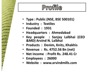 •
•
•
•
•
•
•
•
•
•

Type : Public (NSE, BSE 500101)
Industry : Textiles
Founded : 1931
Headquarters : Ahmedabad
Key people : Sanjay Lalbhai (CEO
&MD) Arvind N. Lalbhai
Products : Denim, Knits, Khakhis
Revenue : Rs. 4752.56 Bn (net)
Net income : Profit Rs. 248.41 Cr
Employees : 26000
Website : www.arvindmills.com

 