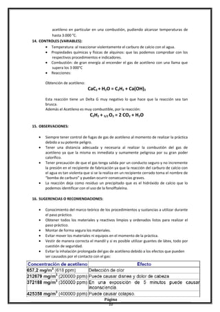 acetileno en particular en una combustión, pudiendo alcanzar temperaturas de
hasta 3.000 °C.
14. CONTROLES (VARIABLES):
• Temperatura: al reaccionar violentamente el carburo de calcio con el agua.
• Propiedades químicas y físicas de alquinos: que las podemos comprobar con los
respectivos procedimientos e indicadores.
• Combustión: de gran energía al encender el gas de acetileno con una llama que
supera los 3 000°C
• Reacciones:
Obtención de acetileno:
CaC2 + H2O = C2H2 + Ca(OH)2
Esta reacción tiene un Delta G muy negativo lo que hace que la reacción sea tan
brusca.
Además el Acetileno es muy combustible, por la reacción:
C2H2 + 5/2 O2 = 2 CO2 + H2O
15. OBSERVACIONES:
• Siempre tener control de fugas de gas de acetileno al momento de realizar la práctica
debido a su potente peligro.
• Tener una distancia adecuada y necesaria al realizar la combustión del gas de
acetileno ya que la misma es inmediata y sumamente peligrosa por su gran poder
calorífico.
• Tener precaución de que el gas tenga salida por un conducto seguro y no incremente
la presión en el recipiente de fabricación ya que la reacción del carburo de calcio con
el agua es tan violenta que si se la realiza en un recipiente cerrado toma el nombre de
“bomba de carburo” y puedan ocurrir consecuencias graves.
• La reacción deja como residuo un precipitado que es el hidróxido de calcio que lo
podemos identificar con el uso de la fenolftaleína.
16. SUGERENCIAS O RECOMENDACIONES:
• Conocimiento del marco teórico de los procedimientos y sustancias a utilizar durante
el paso práctico.
• Obtener todos los materiales y reactivos limpios y ordenados listos para realizar el
paso práctico.
• Montar de forma segura los materiales.
• Evitar mover los materiales ni equipos en el momento de la práctica.
• Vestir de manera correcta el mandil y si es posible utilizar guantes de látex, todo por
cuestión de seguridad.
• Evitar la inhalación prolongada del gas de acetileno debido a los efectos que pueden
ser causados por el contacto con el gas:
Página
10
 