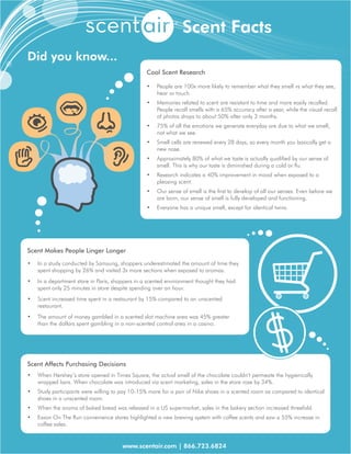 Scent Facts
Did you know...
Scent Makes People Linger Longer
•	 In a study conducted by Samsung, shoppers underestimated the amount of time they
spent shopping by 26% and visited 3x more sections when exposed to aromas.
•	 In a department store in Paris, shoppers in a scented environment thought they had
spent only 25 minutes in store despite spending over an hour.
•	 Scent increased time spent in a restaurant by 15% compared to an unscented
restaurant.
•	 The amount of money gambled in a scented slot machine area was 45% greater
than the dollars spent gambling in a non-scented control area in a casino.
Scent Affects Purchasing Decisions
•	 When Hershey’s store opened in Times Square, the actual smell of the chocolate couldn’t permeate the hygienically
wrapped bars. When chocolate was introduced via scent marketing, sales in the store rose by 34%.
•	 Study participants were willing to pay 10-15% more for a pair of Nike shoes in a scented room as compared to identical
shoes in a unscented room.
•	 When the aroma of baked bread was released in a US supermarket, sales in the bakery section increased threefold.
•	 Exxon On The Run convenience stores highlighted a new brewing system with coffee scents and saw a 55% increase in
coffee sales.
Cool Scent Research
•	 People are 100x more likely to remember what they smell vs what they see,
hear or touch.
•	 Memories related to scent are resistant to time and more easily recalled.
People recall smells with a 65% accuracy after a year, while the visual recall
of photos drops to about 50% after only 3 months.
•	 75% of all the emotions we generate everyday are due to what we smell,
not what we see.
•	 Smell cells are renewed every 28 days, so every month you basically get a
new nose.
•	 Approximately 80% of what we taste is actually qualified by our sense of
smell. This is why our taste is diminished during a cold or flu.
•	 Research indicates a 40% improvement in mood when exposed to a
pleasing scent.
•	 Our sense of smell is the first to develop of all our senses. Even before we
are born, our sense of smell is fully developed and functioning.
•	 Everyone has a unique smell, except for identical twins.
www.scentair.com | 866.723.6824
 