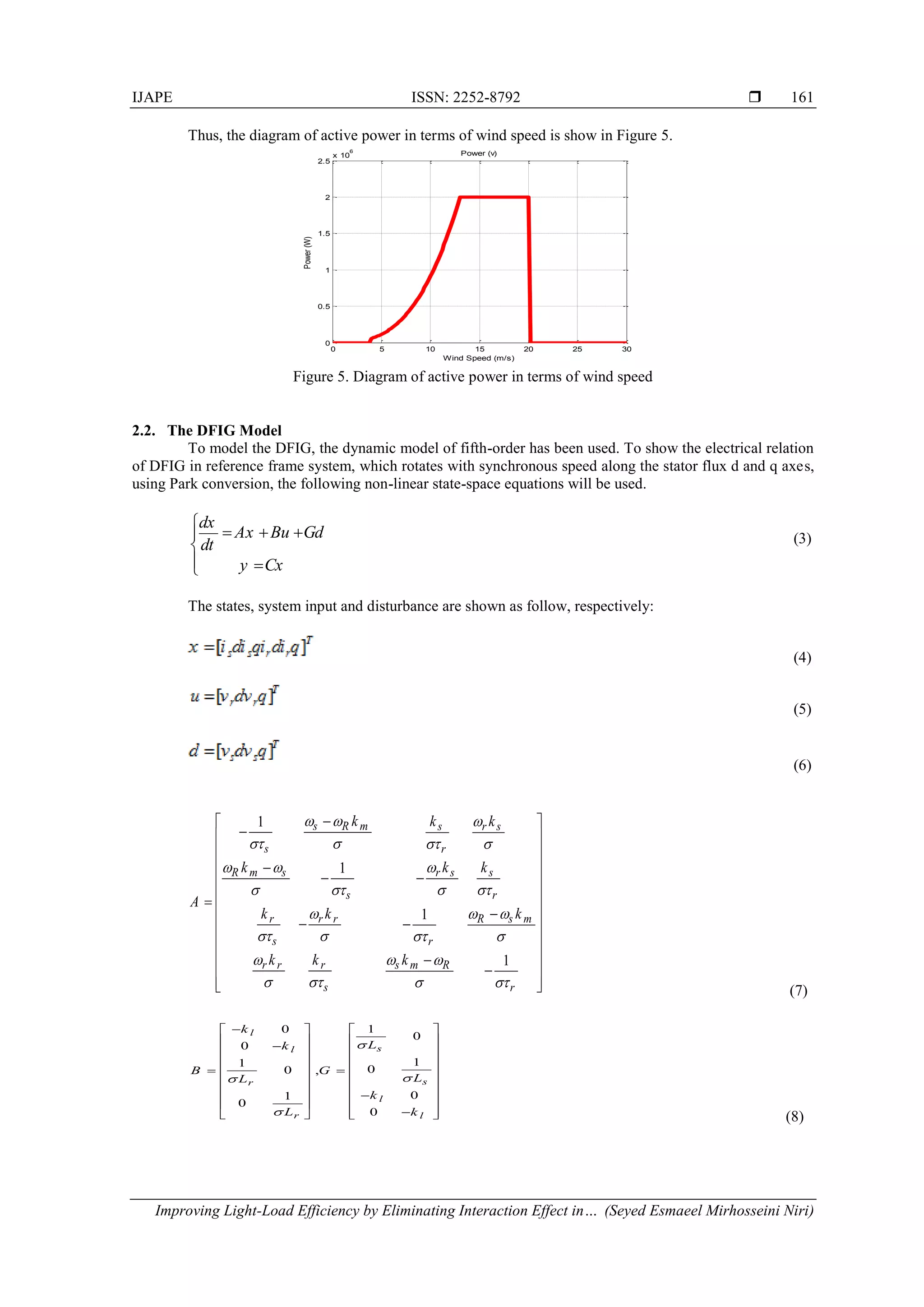IJAPE ISSN: 2252-8792 
Improving Light-Load Efficiency by Eliminating Interaction Effect in… (Seyed Esmaeel Mirhosseini Niri)
161
Thus, the diagram of active power in terms of wind speed is show in Figure 5.
Figure 5. Diagram of active power in terms of wind speed
2.2. The DFIG Model
To model the DFIG, the dynamic model of fifth-order has been used. To show the electrical relation
of DFIG in reference frame system, which rotates with synchronous speed along the stator flux d and q axes,
using Park conversion, the following non-linear state-space equations will be used.
dx
Ax Bu Gd
dt
y Cx

  

 
(3)
The states, system input and disturbance are shown as follow, respectively:
(4)
(5)
(6)
(7)
(8)
0 5 10 15 20 25 30
0
0.5
1
1.5
2
2.5
x 10
6
Power (v)
Power(W)
Wind Speed (m/s)
1
1
1
1
s R m s r s
s r
R m s r s s
s r
r r r R s m
s r
r r r s m R
s r
k k k
k k k
A
k k k
k k k
  
   
  
   
  
   
  
   
 
 
 
 
  
 
 
  
 
 
 
  
10
0
0
11
00 ,
01
0
0
l
sl
sr
l
r l
k
Lk
B G
LL
k
L k



   
     
  
    
  
   
  
    
 