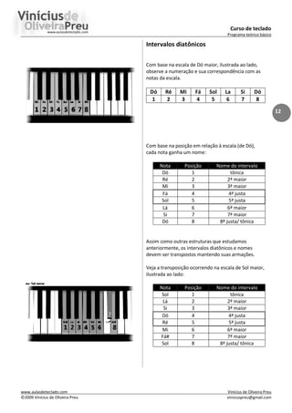 Curso de teclado
Programa teórico básico
www.aulasdeteclado.com Vinícius de Oliveira Preu
©2009 Vinícius de Oliveira Preu viniciuspreu@gmail.com
12
Intervalos diatônicos
Com base na escala de Dó maior, ilustrada ao lado,
observe a numeração e sua correspondência com as
notas da escala.
Dó Ré Mi Fá Sol La Si Dó
1 2 3 4 5 6 7 8
Com base na posição em relação à escala (de Dó),
cada nota ganha um nome:
Nota Posição Nome do intervalo
Dó 1 tônica
Ré 2 2ª maior
Mi 3 3ª maior
Fá 4 4ª justa
Sol 5 5ª justa
Lá 6 6ª maior
Si 7 7ª maior
Dó 8 8ª justa/ tônica
Assim como outras estruturas que estudamos
anteriormente, os intervalos diatônicos e nomes
devem ser transpostos mantendo suas armações.
Veja a transposição ocorrendo na escala de Sol maior,
ilustrada ao lado:
Nota Posição Nome do intervalo
Sol 1 tônica
Lá 2 2ª maior
Si 3 3ª maior
Dó 4 4ª justa
Ré 5 5ª justa
Mi 6 6ª maior
Fá# 7 7ª maior
Sol 8 8ª justa/ tônica
 