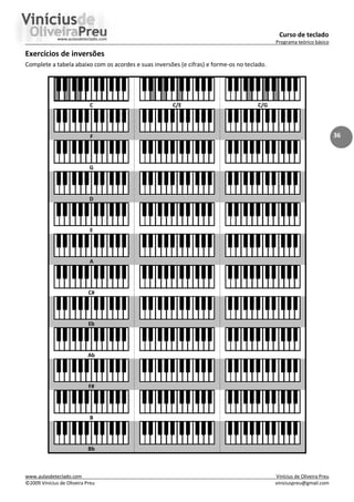 Curso de teclado
Programa teórico básico
www.aulasdeteclado.com Vinícius de Oliveira Preu
©2009 Vinícius de Oliveira Preu viniciuspreu@gmail.com
36
Exercícios de inversões
Complete a tabela abaixo com os acordes e suas inversões (e cifras) e forme-os no teclado.
C C/E C/G
F
G
D
E
A
C#
Eb
Ab
F#
B
Bb
 