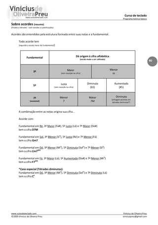 Curso de teclado
Programa teórico básico
www.aulasdeteclado.com Vinícius de Oliveira Preu
©2009 Vinícius de Oliveira Preu viniciuspreu@gmail.com
40
Sobre acordes (resumo)
(tríades e tétrades - sem tensões e substituições)
Acordes são entendidos pela estrutura formada entre suas notas e a fundamental.
Todo acorde tem
(segundo a escala maior da fundamental):
Fundamental Dá origem à cifra alfabética
(escala maior a ser utilizada)
3ª Maior
(sem menção na cifra)
Menor
m
5ª Justa
(sem menção na cifra)
Diminuta
(b5)
Aumentada
(#5)
7ª
(ocasional)
Menor
7
Maior
7M
Diminuta
(cifragem prevista em
tétrades diminutas*)
A combinação entre as notas origina sua cifra...
Acorde com:
Fundamental em Ré, 3ª Maior (Fá#), 5ª Justa (Lá) e 7ª Maior (Do#)
tem a cifra D7M
Fundamental em Sol, 3ª Menor (Sib
), 5ª Justa (Ré) e 7ª Menor (Fá)
tem a cifra Gm7
Fundamental em Dó, 3ª Menor (Mib
), 5ª Diminuta (Solb
) e 7ª Menor (Sib
)
tem a cifra Cm7(b5)
Fundamental em Fá, 3ª Maior (Lá), 5ª Aumentada (Do#) e 7ª Menor (Mib
)
tem a cifra F7(#5)
*Caso especial (Tétrades diminutas):
Fundamental em Dó, 3ª Menor (Mib
), 5ª Diminuta (Solb
) e 7ª Diminuta (Lá)
tem a cifra Co
 
