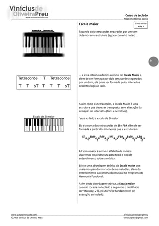 Curso de teclado
Programa teórico básico
www.aulasdeteclado.com Vinícius de Oliveira Preu
©2009 Vinícius de Oliveira Preu viniciuspreu@gmail.com
9
Escala de Si maior
Escala maior
Tocando dois tetracordes separados por um tom
obtemos uma estrutura (agora com oito notas)...
... a esta estrutura damos o nome de Escala Maior e,
além de ser formada por dois tetracordes separados
por um tom, ela pode ser formada pelos intervalos
descritos logo ao lado.
Assim como os tetracordes, a Escala Maior é uma
estrutura que deve ser transposta, sem alteração da
armação de intervalos (tons e semitons).
Veja ao lado a escala de Si maior:
Ela é a soma dos tetracordes de Si e Fá# além de ser
formada a partir dos intervalos que a estruturam:
Sí Dó# Ré# Mi Fá# Sol# Lá#
T T sT T T T sT
A Escala maior é como o alfabeto da música.
Usaremos esta estrutura para todo o tipo de
entendimento sobre a música.
Existe uma abordagem teórica da Escala maior que
usaremos para formar acordes e melodias, além do
entendimento da construção musical no Programa de
Harmonia Funcional.
Além desta abordagem teórica, a Escala maior
quando tocada no teclado e seguindo o dedilhado
correto (pag. 27), nos fornece fundamentos de
execução ao teclado.
Curso on-line
Aula 3
 