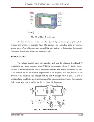 OPERATION AND MAINTENANCE OF 132/33KV SUBSTATION
DEPT OF EEE, SKIT. Page 21
Fig: 4.8.1.1 Ideal Transformer.
An ideal transformer is shown in the adjacent figure; Current passing through the
primary coil creates a magnetic field. The primary and secondary coils are wrapped
around a core of very high magnetic permeability, such as iron, so that most of the magnetic
flux passes through both primary and secondary coils.
4.8.2 Induction law
The voltage induced across the secondary coil may be calculated from Faraday's
law of induction, which states that, where VS is the instantaneous voltage, NS is the number
of turns in the secondary coil and Φ equals the magnetic flux through one turn of the coil.
If the turns of the coil are oriented perpendicular to the magnetic field lines, the flux is the
product of the magnetic field strength and the area A through which it cuts. The area is
constant, being equal to the cross-sectional area of the transformer core, whereas the magnetic
field varies with time according to the excitation of the primary.
Fig: 4.8.2.1 Mutual Induction.
 