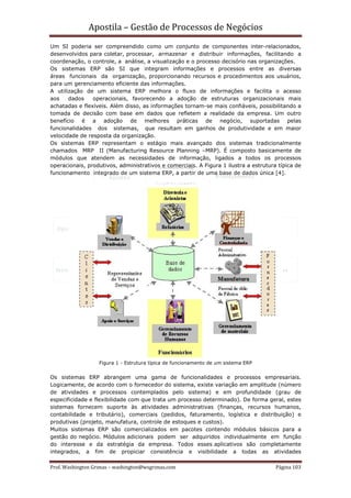 Apostila – Gestão de Processos de Negócios
Um SI poderia ser compreendido como um conjunto de componentes inter-relacionados,
desenvolvidos para coletar, processar, armazenar e distribuir informações, facilitando a
coordenação, o controle, a análise, a visualização e o processo decisório nas organizações.
Os sistemas ERP são SI que integram informações e processos entre as diversas
áreas funcionais da organização, proporcionando recursos e procedimentos aos usuários,
para um gerenciamento eficiente das informações.
A utilização de um sistema ERP melhora o fluxo de informações e facilita o acesso
aos    dados    operacionais, favorecendo a adoção de estruturas organizacionais mais
achatadas e flexíveis. Além disso, as informações tornam-se mais confiáveis, possibilitando a
tomada de decisão com base em dados que refletem a realidade da empresa. Um outro
benefício é a adoção de melhores práticas de negócio, suportadas pelas
funcionalidades dos sistemas, que resultam em ganhos de produtividade e em maior
velocidade de resposta da organização.
Os sistemas ERP representam o estágio mais avançado dos sistemas tradicionalmente
chamados MRP II (Manufacturing Resource Planning –MRP). É composto basicamente de
módulos que atendem as necessidades de informação, ligados a todos os processos
operacionais, produtivos, administrativos e comerciais. A Figura 1 ilustra a estrutura típica de
funcionamento integrado de um sistema ERP, a partir de uma base de dados única [4].




                   Figura 1 - Estrutura típica de funcionamento de um sistema ERP


Os sistemas ERP abrangem uma gama de funcionalidades e processos empresariais.
Logicamente, de acordo com o fornecedor do sistema, existe variação em amplitude (número
de atividades e processos contemplados pelo sistema) e em profundidade (grau de
especificidade e flexibilidade com que trata um processo determinado). De forma geral, estes
sistemas fornecem suporte às atividades administrativas (finanças, recursos humanos,
contabilidade e tributário), comerciais (pedidos, faturamento, logística e distribuição) e
produtivas (projeto, manufatura, controle de estoques e custos).
Muitos sistemas ERP são comercializados em pacotes contendo módulos básicos para a
gestão do negócio. Módulos adicionais podem ser adquiridos individualmente em função
do interesse e da estratégia da empresa. Todos esses aplicativos são completamente
integrados, a fim de propiciar consistência e visibilidade a todas as atividades

Prof. Washington Grimas – washington@wsgrimas.com                                     Página 103
 