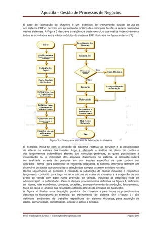 Apostila – Gestão de Processos de Negócios

O caso de fabricação do chaveiro é um exercício de treinamento básico de uso de
um sistema ERP e permite um aprendizado prático das principais tarefas a serem realizadas
nestes sistemas. A Figura 3 descreve a seqüência deste exercício que realiza interativamente
todas as atividades entre vários módulos do sistema ERP, ilustrado na figura anterior [7].




                      Figura 3 – Fluxograma do caso de fabricação do chaveiro


O exercício inicia-se com a ativação do sistema relativa ao servidor e a possibilidade
de alterar os valores das moedas. Logo é efetuada a análise do plano de contas e
dos lançamentos automáticos através das consultas genéricas, as quais possibilitam a
visualização ou a impressão dos arquivos disponíveis no sistema. A consulta poderá
ser realizada através de pesquisa em um arquivo específico na qual podem ser
aplicados filtros para selecionar os registros desejados. O sistema incorpora também um
dicionário de dados que possibilita a seleção dos campos a serem exibidos na tela.
Dando seguimento ao exercício é realizada a subscrição do capital incluindo o respectivo
lançamento contábil, para logo iniciar o cálculo do custo do chaveiro e a sugestão de um
preço de venda com base numa previsão de vendas, incluindo as despesas fixas de
administração e publicidade. Para os demais procedimentos definidos na Figura 1, definem-
se lucros, lote econômico, compras, cotações, acompanhamento da produção, faturamento,
fluxo de caixa e análise dos resultados obtidos através da emissão do balancete.
A Figura 4 ilustra uma descrição genérica do chaveiro e para todos os procedimentos
descritos no fluxograma do exercício de treinamento do sistema ERP (Figura 3) são
definidos ambientes de trabalho específicos do sistema Microsiga, para aquisição de
dados, comunicação, coordenação, análise e apoio a decisão.




Prof. Washington Grimas – washington@wsgrimas.com                                 Página 106
 
