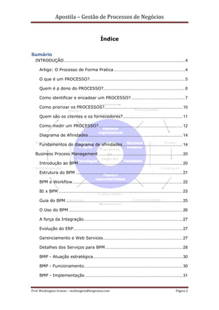 Apostila – Gestão de Processos de Negócios


                                                      Índice

Sumário
  INTRODUÇÃO ......................................................................................................... 4

     Artigo: O Processo de Forma Pratica .............................................................. 4

     O que é um PROCESSO?................................................................................... 5

     Quem é p dono do PROCESSO?....................................................................... 6

     Como identificar e encadear um PROCESSO? ............................................... 7

     Como priorizar os PROCESSOS?.................................................................... 10

     Quem são os clientes e os fornecedores? .................................................... 11

     Como medir um PROCESSO? ......................................................................... 12

     Diagrama de Afinidades .................................................................................. 14

     Fundamentos do diagrama de afinidades .................................................... 14

  Business Process Management ......................................................................... 20

     Introdução ao BPM ........................................................................................... 20

     Estrutura do BPM ............................................................................................. 21

     BPM e Workflow ................................................................................................ 22

     BI x BPM ............................................................................................................ 23

     Guia do BPM ...................................................................................................... 25

     O Uso do BPM ................................................................................................... 26

     A força da Integração ...................................................................................... 27

     Evolução do ERP ............................................................................................... 27

     Gerenciamento e Web Services ..................................................................... 27

     Detalhes dos Serviços para BPM ................................................................... 28

     BMP - Atuação estratégica.............................................................................. 30

     BMP - Funcionamento...................................................................................... 30

     BMP - Implementação ..................................................................................... 31


Prof. Washington Grimas – washington@wsgrimas.com                                                                  Página 2
 