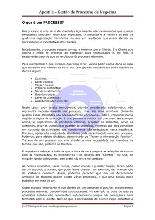 Apostila – Gestão de Processos de Negócios

O que é um PROCESSO?

Um processo é uma série de atividades logicamente inter-relacionadas que quando
executadas produzem resultados esperados. O processo é a maneira através da
qual uma organização transforma insumos em resultados que visam atender as
necessidades e expectativas dos Clientes.

Notadamente, o processo sempre começa e termina com o Cliente. É o Cliente que
aciona o início do processo ao expressar suas necessidades e, no final, é
exatamente para ele que os resultados do processo retornam.

Para exemplificar o que estamos querendo dizer, vamos pedir a uma dona de casa
que relacione suas tarefas do dia-a-dia. Com grande probabilidade serão listados os
itens a seguir:

        •   Cozinhar;
        •   Lavar roupas;
        •   Passar roupas;
        •   Preparar alimentos;
        •   Servir os alimentos;
        •   Guardar roupas;
        •   Lavar os utensílios;
        •   Guardar os utensílios etc.

Neste caso, cada tarefa mencionada, quando considerada isoladamente, não
representa necessariamente um processo, mas sim uma atividade. Somente
quando essas atividades são adequadamente encadeadas, isto é, colocadas numa
seqüência lógica de execução, é que passam a compor um processo. No exemplo
acima, se separarmos as atividades cozinhar, preparar os alimentos, servir os
alimentos, lavar os utensílios e guardar os utensílios, veremos que elas compõem
um conjunto de atividades que normalmente são executadas nesta seqüência.
Portanto, agora este conjunto de atividades pode ser entendido como um processo.
Podemos, para efeitos didáticos, denominá-lo de “Prover a Alimentação Familiar”.
Trata-se de um processo que visa atender a uma necessidade dos membros da
família, que são, portanto os Clientes.

É importante reforçar a idéia de que a dona de casa prepara as refeições de acordo
com as necessidades, as expectativas e os desejos dos “Clientes”, ou seja, se
ninguém gosta de legumes, este prato não entra no cardápio.

As demais atividades, lavar roupas, passar roupas e guardar roupas, fazem parte
de um segundo processo, que poderíamos chamar, por exemplo, de “Manutenção
do Vestuário Familiar”. Assim, podemos perceber que em um determinado
ambiente de trabalho podem existir vários processos, e que uma pessoa pode
trabalhar em mais de um.

Outro aspecto importante é que dentro de um processo é possível encontrarmos
processos menores, denominados sub-processos. No exemplo da dona de casa as
atividades listadas não representam sub-processos porque não começam e nem
terminam com o Cliente. Note-se que a necessidade do Cliente exige encontrar a

Prof. Washington Grimas – washington@wsgrimas.com                           Página 5
 