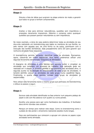 Apostila – Gestão de Processos de Negócios

Etapa 2

        Discuta a lista de idéias que surgiram na etapa anterior de modo a garantir
        que todos no grupo a tenham compreendido.



Etapa 3

        Analise a lista para eliminar redundâncias, questões sem importância e
        propostas claramente impossíveis. Obtenha o consenso sobre quaisquer
        questões que possam parecer redundantes ou sem importância.



No nosso exemplo, a dona de casa poderia determinar todas as atividades do seu
dia-a-dia realizando um brainstorming com todos os membros da sua família, ou
pelo menos com aqueles que, de uma forma ou de outra, contribuem com a
execução das tarefas domésticas. Este procedimento seria útil para garantir que
nenhuma atividade fosse esquecida.

O brainstorming permite, portanto, identificar todas as atividade. Precisamos,
agora, colocá-las em ordem seqüencial. Para tanto, poderemos utilizar uma
segunda ferramenta denominada “Diagrama de Afinidades”.

O diagrama de afinidades é uma técnica que permite juntar e encadear as
atividades que compõem um processo de trabalho. Sua aplicação pode ser
realizada em 4 etapas. A primeira permite o agrupamento das atividades afins. A
segunda auxilia na equalização do entendimento de cada grupo de atividades. A
terceira permite colocar as atividades de cada grupo numa seqüência lógica.
Finalmente, a quarta etapa permite nomear cada grupo de atividades já
seqüenciadas.

Para utilizar esta ferramenta reúna o mesmo grupo que participou do brainstorming
e efetue os passos a seguir.



Etapa 1

        Escreva cada atividade identificada na fase anterior num pequeno pedaço de
        papel e cole com fita adesiva num quadro ou numa parede.

        Escolha uma pessoa para agir como facilitadora dos trabalhos. O facilitador
        deve dirimir dúvidas caso existam.

        Marque um tempo para realizar esta etapa. Como no brainstorming tome o
        cuidado de não perder o dinamismo realizando sessões muito longas.

        Peça aos participantes que comecem a agrupar em colunas os papeis cujas
        atividades tenha afinidade.



Prof. Washington Grimas – washington@wsgrimas.com                           Página 8
 