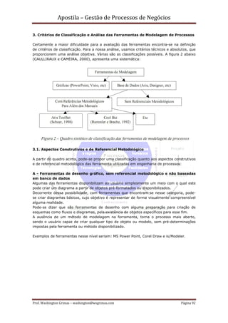 Apostila – Gestão de Processos de Negócios

3. Critérios de Classificação e Análise das Ferramentas de Modelagem de Processos

Certamente a maior dificuldade para a avaliação das ferramentas encontra-se na definição
de critérios de classificação. Para a nossa análise, usamos critérios técnicos e absolutos, que
proporcionem uma análise objetiva. Várias são as classificações possíveis. A figura 2 abaixo
(CAULLIRAUX e CAMEIRA, 2000), apresenta uma sistemática:




3.1. Aspectos Construtivos e de Referencial Metodológico

A partir do quadro acima, pode-se propor uma classificação quanto aos aspectos construtivos
e de referencial metodológico das ferramenta utilizadas em engenharia de processos:

A - Ferramentas de desenho gráfico, sem referencial metodológico e não baseadas
em banco de dados
Algumas das ferramentas disponibilizam ao usuário simplesmente um meio com o qual este
pode criar um diagrama a partir de objetos pré-formatados ou disponibilizados.
Decorrente dessa possibilidade, com ferramentas que encontram-se nesse categoria, pode-
se criar diagramas básicos, cujo objetivo é representar de forma visualmente compreensível
alguma realidade.
Pode-se dizer que são ferramentas de desenho com alguma preparação para criação de
esquemas como fluxos e diagramas, pela existência de objetos específicos para esse fim.
A ausência de um método de modelagem na ferramenta, torna o processo mais aberto,
sendo o usuário capaz de criar qualquer tipo de objeto ou modelo, sem pré-determinações
impostas pela ferramenta ou método disponibilizado.

Exemplos de ferramentas nesse nível seriam: MS Power Point, Corel Draw e is/Modeler.




Prof. Washington Grimas – washington@wsgrimas.com                                     Página 92
 