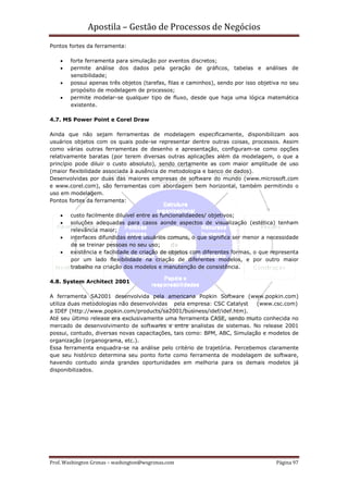 Apostila – Gestão de Processos de Negócios
Pontos fortes da ferramenta:

    •   forte ferramenta para simulação por eventos discretos;
    •   permite análise dos dados pela geração de gráficos, tabelas e análises de
        sensibilidade;
    •   possui apenas três objetos (tarefas, filas e caminhos), sendo por isso objetiva no seu
        propósito de modelagem de processos;
    •   permite modelar-se qualquer tipo de fluxo, desde que haja uma lógica matemática
        existente.

4.7. MS Power Point e Corel Draw

Ainda que não sejam ferramentas de modelagem especificamente, disponibilizam aos
usuários objetos com os quais pode-se representar dentre outras coisas, processos. Assim
como várias outras ferramentas de desenho e apresentação, configuram-se como opções
relativamente baratas (por terem diversas outras aplicações além da modelagem, o que a
princípio pode diluir o custo absoluto), sendo certamente as com maior amplitude de uso
(maior flexibilidade associada à ausência de metodologia e banco de dados).
Desenvolvidas por duas das maiores empresas de software do mundo (www.microsoft.com
e www.corel.com), são ferramentas com abordagem bem horizontal, também permitindo o
uso em modelagem.
Pontos fortes da ferramenta:

    •   custo facilmente diluível entre as funcionalidaedes/ objetivos;
    •   soluções adequadas para casos aonde aspectos de visualização (estética) tenham
        relevância maior;
    •   interfaces difundidas entre usuários comuns, o que significa ser menor a necessidade
        de se treinar pessoas no seu uso;
    •   existência e facilidade de criação de objetos com diferentes formas, o que representa
        por um lado flexibilidade na criação de diferentes modelos, e por outro maior
        trabalho na criação dos modelos e manutenção de consistência.

4.8. System Architect 2001

A ferramenta SA2001 desenvolvida pela americana Popkin Software (www.popkin.com)
utiliza duas metodologias não desenvolvidas pela empresa: CSC Catalyst     (www.csc.com)
a IDEF (http://www.popkin.com/products/sa2001/business/idef/idef.htm).
Até seu último release era exclusivamente uma ferramenta CASE, sendo muito conhecida no
mercado de desenvolvimento de softwares e entre analistas de sistemas. No release 2001
possui, contudo, diversas novas capacitações, tais como: BPM, ABC, Simulação e modelos de
organização (organograma, etc.).
Essa ferramenta enquadra-se na análise pelo critério de trajetória. Percebemos claramente
que seu histórico determina seu ponto forte como ferramenta de modelagem de software,
havendo contudo ainda grandes oportunidades em melhoria para os demais modelos já
disponibilizados.




Prof. Washington Grimas – washington@wsgrimas.com                                    Página 97
 