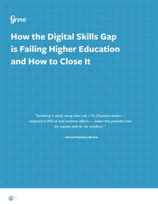 How the Digital Skills Gap	
  
is Failing Higher Education 	
  
and How to Close It
| 1
“Something is clearly wrong when only 11% of business leaders —
compared to 96% of chief academic officers — believe that graduates have
the requisite skills for the workforce.” 1	

!
-­‐-­‐	
  Harvard	
  Business	
  Review	
  
 
