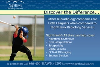 Discover the Difference...
Other Teleradiology companies are
Little Leaguers when compared to
NightHawk Radiology Services!
NightHawk’s All Stars can help cover:
Nighttime & Off Hours•	
Final Interpretations•	
Subspecialty•	
Digital Locums•	
CCTA & 3D Imaging•	
Business Services•	
To Learn More Call 866-400-HAWK (4295) or www.nighthawkrad.net
 