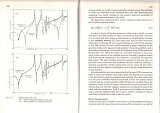 236
· 20
o
z,.....
~ -20
~
w
'O
-w - 40
u
z
~
Q:
w
~
-60
100
o
~ ·20
..-
""E
.,
~ - 40
(J)
'O
w
u
.z
<t
- -60Q:
w
.z
'ºº
Fig 5. 3
ea>
EXPERIMENTAL
CURVE
'•,

•
• I
~
( b)
..
'1
PREDICTED ~CURVE
,J
F REQUENCY (HZ)
PREDICTED
CURVE
•T
'
•
!" r1
I i 1
! , '
11 q
1f •
w
Ir
FREQU l: NCY {Hz)
Syntheslsed FRF Plot
1
1
•
•
o
<a> Uslng Measured Modal Data Only
<bJ Alter Addltlon oi Residual Terms
1 00
000
of-range modes or, in other words, lacked the residual terms. Thc inclusion
of these two additional terms (obtained here only after measuring and
analysing H 22 itself) resulted in the greatly improved predicted vs
measured comparison shown in Fig. 5.3(b).
The appropriate expression for a 'correct' response model, derived via a
set ofmodal properties is thus:
(5.7)
In order to obtain all the data necessary to form such a model, we must
first derive the modal model on which it is based (as described in Section
5.1) and then find some means of determining or estimating the elements
in the resid ual matrix, [R). This latter task may be most accurately
achieved by measuring all (or at least something over half) ofthe elements
in the FRF matrix, but this would constitute a major escalation in the
quantity of data to be measurcd and analysed. A second possibility, and a
reasonably practical one, is to extend the frequency range ofthe modal test
beyond that over which the model is eventually required. ln this way,
much of the contents of the residual terms is included in separate modes
and their actual magnitudes are reduced to relatively unimportant
dimensions. The main problem with this approach is that one does not
generally know when this last condition has been achieved althougb a
detailed examination of the regenerated curves using all the modes
obtained and then again less the highest one(s) will give some indications
in this direction.
A third possibility is to try to assess which ofthe many FRF elements are
liable to need large residual terms and to make sure that these are included
in the list of those which are measured and analysed. Wc noted earlier that
it is the point mobilities which are expected to have the highest-valued
residuais and the remote transfers which will have the smallest. Thus, the
significant terms in the [R] matrix will generally be grouped close to the
leading diagonal, and this suggests making measurements of most of the
point mobility parameters. Such a procedure would seldom be practical
unless analysis indicates that thc rcsponse model is ineffective without
such data, in which case it may be the only option.
Direct measurement
Finally on this topic, it should be noted that it is quite possible to develop a
response model by measuring and analysing all thc elements in one half of
 