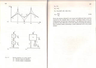 246
(a)
(b)
Fig 5. 8
t,
m,
{e)
Moblllty Skeleton ot a 2DOF System
(a> Mobl/lty Curve and Skeleton
<b> Posslble System Conflguratlon
<e> Posslble System Conflguratlon
f1
m,
247
(5.16)
Hence the solution obtained is not unique and additional data would be
required in the example above in order to establish which of the two
configurations was the more representative. The additional data could be
provided by other FRF plots. ln his book, Salter [3] develops the skeleton
idea in greater detail, presenting a useful additional tool to the modal
analyst.
 