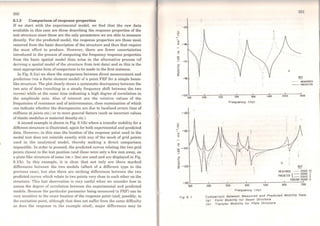 250
6.1.2 Comparison ofresponse properties
If we start with the experimental model, we find that the raw data
available in this case are those describing the response properties of the
test structure since these are the only parameters we are able to measure
directly. For the predicted model, the response properties are those most
removed from the basic description of the structure and thus that require
the most efTort to produce. However, there are fewer uncertainties
introduced in the process of computing the frequency response properties
from the basic spatial model than arise in the alternative process (of
deriving a spatial model of the structure from test data) and so this is the
most appropriate form ofcomparison to be made in the first instance.
ln Fig. 6. l(a) we show the comparison between direct measurement and
prediction (via a finite element model) of a point FRF for a simple beam-
like structure. The plot clearly shows a systematic discrepancy between the
two scts of data (resulting in a steady frequency shift between the two
curves) while at the sarne time indicating a high dcgree of correlation in
the amplitude axis. Also of intercst are the relative values of the
frequcncies of resonance and of antiresonance, dose examination of which
can indicate whether the discrepancies are due to localised errors (loss of
stiffness at joints etc.) or to more general factors (such as incorrect values
ofelastic modulus or material density etc.).
A second example is shown in Fig. 6.l(b) where a transfer mobility for a
different structure is illustrated, again for both experimental and predicted
data. However, in this case the location of the response point used in the
modal test does not coincide exactly with any of the mcsh of grid points
used in the analytical model, thereby making a direct comparison
impossible. In order to proceed, the prcdicted curves relating the two grid
points closest to the tcst position (and these were only a few mm away, on
a plate-like structure of some lm x 2m) are used and are displayed in Fig.
6. l(b). ln this example, it is clear that not only are there marked
differences between the two models (albeit of a different type to the
prcvious case), but also there are striking differences between the two
predicted curves which relate to two points very dose to each other on the
structure. This last observation is very useful when we consider how to
assess the degrce of correlation betwcen the experimental and predicted
models. Because the particular parameter being measured (a FRF) can be
very sensitive to the exact location of the response point (and, possibly, to
the excitation point, although that does not suffer from the sarne difficulty
as does the response in the example cited), major differences may be
-Z4
~
z.....
1
CI)
E -48
CI>
...
m
"'O
-72
~
.D
o
~
- 96
-120
100
-60
~
z.....
1 -80
CI)
E
CI>
...
(]) -100
"'O
.D
o
~ -120
-140
100
Fig 6. 1
251
,•
'•
a
KEY
........ ME4SUREO
- - PREOICTEO
soo soo 700 900 1100 1300 1500
Frequency CHzl
b
KEY
MEASURCO ····- · POltlT :57
{
- l'Olllf 2
PREOICTEO ·-· POltlT :5
fOlCIHG rolllT li
200 :500 400 soo 600 700
Frequency eHzl
comparlson Between Measured and Predlcted Moblllty Data
<a> Polnt Moblllty for Beam Structure
(b) Transfer Moblllty for Plate Structure
 