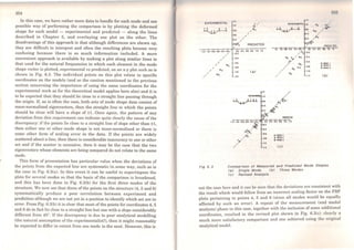 254
ln this case, we have rather more data to handle for each mode and one
possible way of performing the comparison is by plotting the deformed
shape for each model - experimental and predicted - along the lines
described in Chapter 5, and overlaying one plot on the other. The
disadvantage of this approach is that although differences are shown up,
they are difficult to interpret and often the resulting plots become very
confusing because there is so much information included. A more
convenient approach is available by making a plot along similar lines to
that used for the natural frequencies in which each element in the mode
shape vector is plotted, experimental vs predicted, on an x-y plot such as is
shown in Fig. 6.3. The individual points on this plot relate to specific
coordinates on the models (and so the caution mentioned in the previous
section concerning the importance of using the sarne coordinates for the
experimental work as for the theoretical model applies here also) and it is
to be expected that they should lie close to a straight line passing through
the origin. If, as is often the case, both scts of mode shape data consist of
mass-normalised eigenvcctors, thcn the straight line to which the points
should be dose will have a slope of ±1. Once again, the pattern of any
deviation from this requirement can indica.te quite clearly the cause ofthe
discrepancy: if the points lie close to a straight line of slope other than ±1,
then eithcr one or other mode shape is not mass-normalised or there is
some other form of scaling error in the data. If the points are widely
scattered about a line, then there is considerable inaccuracy in one or other
set and if the scatter is excessive, then it may be the case that the two
eigenvectors whose elemcnts are being compared do not relate to the sarne
mode.
This form of presentation has particular value when the deviations of
tho points from the expected line are systematic in some way, such as is
the case in Fig. 6.3(a). ln this event it can be useful to superimpose the
plots for several modes so that thc basis of the comparison is broadened,
and this has been done in Fig. 6.3(b) for the first thrce modes of the
structure. We now see that three ofthe points on the structure (4, 5 and 6)
systematically produce a poor correlation between experiment and
prediction although we are not yet in a position to identify which set are in
error. From Fig. 6.3(b) it is clear that most ofthe points for coordinates 4, 5
and 6 do in fact Jie close to a straighi line but one with a slope considerably
different from 45º. If the discrepancy is due to poor analytical modelling
(the natural assumption of the experimentalist!), ihen it might rcasonably
be expected to differ in extent from one mode to the next. However, this is
li
OPCA......,.,,.AL.. t O 4 6 oi''
il.. - ..J___L, ...'<··- -'1-1/ - - ··,,,/
·• , ...• 2
~E{>
EXPERIMENTAL
12
e!'
,
10
, ' 1 z /-()1
~
.. /
.. /
•·• /
/
··~ PREDICTED ' PACOIC.lEO__.__.___,,__,__,__.__,~"__.___________12t-CHH1t1-Z
·l·Z
-1-2 -to •I 1 ·H ·H ·12'
''/
/
/
/
º•/
/ º•/
/ G5
,
-··-lt
-1-0 <a>
-1-2
Dtall 1·0
il. ..!...l..ll- -""-V - - - - 0-1
•I Z -fO -OI -0-6 ·04 tz,
sÃf' ·l
4 ' 1 -0-4
u ,'; -0·6
,.,.,, -o-o
~
,
'
-1 o
'' -1-1
~ ·O.O -ot ·0-1 -0-4 l/0 Ol Of OI
·~,."'º• -oi
,
•• 3.
, ... •1 ·0·4
,.,, ·O·I,,,
º• o-•/ .l MOO( l
/
•• ·O-li
• MOOCS/ e•/ ·1·0
/
Os/
( bl/ ·l ·Z
·~
1-1
O MOO( 1
& MOOU
•"°"'
<e>
Fig 6. 3 Compsrlson of Messured snd Predlcted Mode Shapes
<a> Slngte Mode (bJ Thraa Modas
<e> Revlsed Anslysls
1
not the case here and it can be seen that the deviations are consistent with
the result which would follow from an incorrect scaling facior on the FRF
plots pertaining to points 4, 5 and 6 (since all modes would be equally
affected by such an error). A repeai of the measurement (and modal
analysis) phasc in this case, together with the inclusion of some additional
coordinates, resulted in the revised plot shown in Fig. 6.3(c): clearly a
much more satisfactory comparison and one achievcd using the original
analytical model.
 