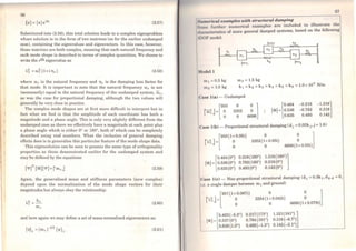 56
{x}={x}e1Ãt (2.57)
Substituted into (2.56), this trial solution leads to a complex eigenproblem
whose solution is in the form of two matrices (as for the earlier undamped
case), containing the eigenvalues and eigenvectors. ln this case, howevcr,
these matrices are both complex, meaning that each natural frequency and
each mode shape is described in ~rms of complex quantities, We choose to
write the rth eigenvalue as
(2.58)
where Wr is the natural frequency and llr is the damping loss factor for
that mode. It is important to note that the natural frequency Wr is not
(necessarily) equal to lhe natural frequcncy of the undamped system, Wri
as was the case for proportional damping, although the two values will
generally bc very close in practice.
The complex mode shapcs are at firsl more difficult to interpret but in
fact what we find is that the amplitude of each coordinate has both a
magnitude anda phase angle. This is only very slightly different from the
undamped case as lhere we eífectively have a magnitude at each point plus
a phase angle which is either Oº or 180°, both of which can be completely
dcscribed using real numbcrs. What the inclusion of general damping
eífects does is to gcneralise this particular feature of the mode shape data.
This eigensolution can be seen to possess the sarne type of ortbogonality
properties as those demonstrated earlier for the undamped system and
may bc defi.ned by lhe cquations:
(2.59)
Again, the generalised mass and stiífness parameters (now complex)
depend upon the normalisation of the mode shapc vectors for their
magnitudes but always obey the relationship:
(2.60)
and here again we may define a set ofmass-normalised eigenvcctors as:
(2.61)
57
N111111•1·l""' 4•xample11 willi Btr uclural damping
t 11
11
lurthor numorical cxamples are included to illustrate the
t11
1
11111
rtc1rieticll of rnoro general dampcd systems, based on the following
li ll li" modcl:
Mcufol l
1111 0.5 kg
m 2 1.0 kg
m3 =1.5 kg
k 1 =k2 =k 3 =k 4 =k 5 =k6 =1.0xl0
3
N/m
C'UAO l(a) - Undamped
o
3352
o
[
0.464
[<1>] = 0.536
0.635
-0.218
-0.782
0.493
-1.318]
0.318
0.142
('u~c l(b)- Proportional structural damping (d j = 0.05k j•j = 1.6)
[
950(1+0.05i)
IÀ~J = o
o o ]3352(1+0.05i) o
o 6698(1+0.05i)o
[
0.464(0º) 0.218(180º)
!<1>) = 0.536(0º) 0.782(180º)
0.635 (Oº) 0.493 (Oº)
1.318(180º)]
0.318(0º)
0.142(0º)
<'nt1e l(c) - Non-proportional structural damping (d1=0.3k1,d2-s =O,
1,c. o. single damper between m 1 and ground)
[
957 (1+0.067i)
r1..~J = ºo
o o ]3354(l+0.042i) o
o 6690(1+0.078i)
[
0.463 (...{).5°)
1<I>) :: 0.537 (Oº)
0.636 (1.0º)
0.217(173º) 1.321(181º) l0.784(181°) 0.316(-6.7°)
0.492(-1.3º) 0.142(-3.1º)
 