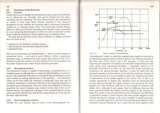 108 109
3.3 Excitation of the Structure
3.3.1 General
Various devices are available for exciting the structure and severa} ofthese
are in widespread use. Basically, they can be divided into two types:
cont.acting and non-contacting. The first of these involves the connection of
an exciter of some form which remains attached to the structure
throughout the test, whether the excitation type is continuous (sinusoidal,
random etc.) or transient (pulse, chirp). The second type includes devices
which are either out of cont.act throughout the vibration (such as provided
by a non-contacting electromagnet) or which are only in contact for a short
period, while the excitation is being appJied (such as a hammer b1ow).
We shall discuss first the various types of vibrator, or shaker, of which
there are three in use:
• mechanical (out-of-balance rotating masses),
• e1ectromagnetic (moving coil in magnetic field),
• electrohydraulic.
Each has its advantages and disadvantages - which we shall attempt to
summarise below - and each is most effective within a particular
operating range, as illustrated by some typical data shown in Fig. 3.3. It
should be noted that exciters are often limited at very low frequencies by
the stroke (displacement) rather than by the force generated.
3.3.2 Mechanical exciters
The mechanical exciter is capable of generating a prescribed force at a
variable frequency although there is relatively little fiexibility or control in
its use. The magnitude of the force is restricted by the out-of-balance and is
only variable by making adjustments to this quantity - not something
which can be done while the vibration is continuing. Also, this type of
excit.ation mechanism is relatively ineífective at low frequencies because of
the speed-squared dependence. However, unless the amplitude ofvibration
caused by the exciter becomes large relative to the orbit of the out-of-
balance masses. the magnitude and phase of the excitation force is known
quite accurately and does not need further measurement, as'is the case for
the other types ofexciter.
3.3.3 Electromagnetic exciters
Perhaps the most common type of exciter is the electromagnetic (or
10,(XX)
llOO
FORCE
(N)
100
10
1
0·1
Fig 3. 3
FIXED
8o6SE /
/
FREE /
IPWS INtH
~1
FIXED
____, ~
............. I I ......
1 I
""/ I
/ II
'I
10 100
FREOIJEl'CY (Hzl
Typlcal EKclter Characterlstlcs


000
'electrodynamic') shaker in which the supplied input signal is converted to
an alternating magnetic field in which is placed a coil which is attached to
the drive part of the dcvice, and to the struclure. ln this case, the
frequency and amplitude of excitation are controlled independently of each
other, giving more operational flexibility - especially useful as it is
generally found that it is better to vary the level of the excitation as
resonances are passed through. However, it must be noted that the
electrical impedance of these devices varies with the amplitude ofmotion of
the moving coil and so it is not possible to deduce the excit.ation force from
a measurement of the voltage applied to the shakcr. Nor, in fact, is it
usually appropriate to deduce thc cxcitation force by measuring the
current passing through the shaker because this measures t,he force
applied not to the structure itself, but to the assembly of structure and
shaker drive. Although it may appear that the difference between this
force (generated within the shaker) and that applied to the structure is
likely to be small, it must bc noted thatjust near rcsonance very little force
is required to produce a large response and what usually happcns is that
without altering the settings on the power amplifier or signal generator,
there is a marked reduction in the force levei at frequencies adjacent to the
structurc's natural frequencies. As a result, the true force applicd to the
 