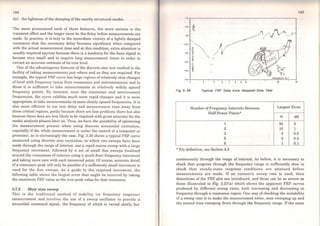144
(iii) the lightness of the damping ofthe nearby structural modes.
The more pronounced each of these features, the more serious is the
transient effect and the longer must be the delay before measurements are
made. ln practice, it is only in the immediate vicinity of a lightly damped
resonance that the necessary delay becomes significant when compared
with the actual measurement time and at this condition, extra attention is
usually required anyway because there is a tendency for the force signal to
become very small and to require long measurement times in order to
extract an accurate estimate ofits true level.
One of the advantageous features of the discrete sine test method is the
facility of taking measurements just where and as they are required. For
example, the typical FRF curve has large regions ofrelatively slow changes
of levei with frequency (away from resonances and antiresonances) and in
these it is sufficient to take measurements at relatively widely spaced
frequency points. By contrast, near the resonance and antiresonant
frequencies, the curve exhibits much more rapid changes and it is more
appropriate to take measurements at more closely spaced frequencies. It is
also more efficient to use less delay and measurement time away from
these criticai regions, partly because there are less problems there but also
because these data are less likely to be required with great accuracy for the
modal analysis phases later on. Thus, we have the possibility ofoptimising
the measurement process when using discrete sinusoidal excitation,
especially if the whole measurement is under the control of a computer or
processor, as is increasingly the case. Fig. 3.26 shows a typical FRF curve
measured using discrete sine excitation, in which two sweeps have been
made through the range of interest: one a rapid coarse sweep with a large
frequency increment, followed by a set of small fine sweeps localised
around the resonances of interest using a much finer frequency increment
and taking more care with each measured point. Of course, accurate detail
of a resonance peak will only be possible if a sufficiently small increment is
used for the fine sweeps. As a guide to the required increment, the
following table shows the largest error that might be incurred by taking
the maximum FRF value as the true peak value for that resonance.
3.7.2 Slow sine sweep
This is the traditional method of mobility (or frequency response)
measurement and involves the use of a sweep oscillator to provide a
sinusoidal cornmand signal, the frequency of which is varied slowly but
14G
- 70
· &O X.
if.
·90
"' .M,.. .· J ·-" r··. . . . .
__,.......···· .·· . ·.·.·
·100 ••••
··.
~ .....
"'- 120
>-... ..
i· 130 X
! ...···....·····
.· ~
-140 -t-~.--.............,.........-............-.......--.-~~---~~~.........:..;..::;..::;:.=;;~=---1
J g 10 20 30
Fig 3. 26 Typlcal FRF Data trom Stepped-Slne Test
Number ofFrequency Intervals Between Largest Error
Half-Power Points*
% dB
1 30 3
2 10 1
3 5 0.5
5 2 0.2
8 1 0.1
*For definition, see Section 4.2
continuously through the range of interest. As before, it is necessary to
check that progress through the frequency range is sufficiently slow to
check that steady-state response conditions are attained before
measurements are made. If an excessive sweep rate is used, then
distortions of the FRF plot are introduced, and these can be as severe as
those illustrated in Fig. 3.27(a) which shows the apparent FRF curves
produced by different sweep rates, both increasing and decreasing in
frequency through a resonance region. One way of checking the suitability
of a sweep rate is to make the measurement twice, once sweeping up and
the second time sweeping down through the frequency range. Ifthe sarne
 