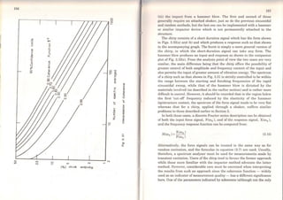 156
•
il
!!
...~ s-.E e
- o
Cll õu ee :JCll u.'O
-e Cll
o u
u e
;;'!. Cll
oO)
~
Ln N
(%) JOJJa wopuo~
8 u
Cll
..-- OI
o....
Cll
>
o
o.......u
~
Ili
-o
....
Cll
.o
E
::>
z
o
°'o
e:
°'...
°'.e:
o
o
....o
e:
~
!
°'...
~
°'...~
157
(iii) the impact from a hammer blow. The first and second of these
gonerally require an attached shaker, just as do the previous sinusoidal
and random methods, but the last one can be implemented with a hammer
or similar impactor device which is not permanently attached to the
structure.
The chirp consists of a short duration signal which has the form shown
in Figs. 3.32(a) and (b) and which produces a response such as that shown
in the accompanying graph. The burst is simply a more general version of
the chirp, in which the short-duration signal can take any form. The
hammer blow produces an input and response as shown in the companion
plot ofFig. 3.32(c). From the analysis point ofview the two cases are very
similar, the main difference being that the chirp offers the possibility of
greater control of both amplitude and frequency content of the input and
also permits the input ofgreater amount ofvibration energy. The spectrum
ofa chirp such as that shown in Fig. 3.31 is strictly controlled to be within
the range between the starting and finishing frequencies of the rapid
sinusoidal sweep, while that of the hammer blow is dictated by the
materiais involved (as described in the earlier section) and is rather more
difficult to control. However, it should be recorded that in the region below
the first 'cut-ofr frequency induced by the elasticity of the hammer
tip/structure contact, the spectrum of the force signal tends to be very flat
whereas that for a chirp, applied through a shaker, suffers similar
problems to those described earlier in Section 3.
ln both these cases, a discrete Fourier series description can be obtained
of both the input force signal, F(rok ), and of the response signal, X(ü>k ),
and the frequency response function can be computed from:
(3.10)
Alternatively, the force signals can be treated in the sarne way as for
random excitation, and the formulae in equation (3.7) are used. Usually,
therefore, a spectrum analyser must be used for measurements made by
transient excitation. Users of the chirp tend to favour the former approach
while those more familiar with the impactor method advocate the latter
method. However, considerable care must be exercised when interpreting
the results from such an approach since the coherence function - widely
used as an indicator ofmeasurement quality - has a different significance
here. Oae of the parameters indicated by coherence (although not the only
 