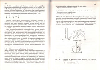 168
(= -F1 .i1). A second test with the sarne excitation device applied at
position 2 gives a simultaneous excitation force Fo (= F2) and moment M0
(= F2 .i2). By adding and differencing the responses produced by these two
separate excitation conditions, we can deduce the translational and
rotational responses to the translational force and the rotational moment
separately, thus enabling the measurement ofall four types ofFRF:
X
F
e x e- and -
F' M M
The sarne principle can be extended to more directions by the use of a
multidimensional excitation fixture until the full 6 x 6 mobility matrix at
any given point can be measured. However, it must be noted that the
procedures involved are quite demanding, not least because they require
the acquisition of subsequent processing of many different measurements
made at different times.
Other methods for measuring rotational effects include specially
developed rotational accelerometers and shakers but in all cases, there is a
major problem that is encountered, which derives from the fact that the
prevailing levels of output signa] generated by the translational
components of the structure's movement tend to overshadow those due to
the rotational motions, a fact which makes the differencing operations
above liable to serious errors. For example, the magnitude of the difference
in equation (3.13) is often of the order to 1-2% of either of the two
individual values. When the transducers have a transverse sensitivity of
the order of 1-2%, the potential errors in the rotations are enormous.
Nevertheless, several applications of these methods have been quite
successful.
3.11 Measurements on Nonlinear Structures
Most of the theory upon which modal testing and mobility measurement is
founded relies heavily on the assumption that the test structure's
behaviour is linear. By this is meant that (i) if a given loading is doubled,
the resulting deflections are doubled and (ii) the deflection due to two
simultaneously applied loads is equal to the summation of the deflections
caused when the loads are applied one at a time. ln practice, real
structures are seldom compJetely linear although for practical purposes
many will closely approximate this state. However, there are many
complex structures which do behave in a nonlinear way and these can give
169
riso to concerns and problema when they are being tested.
Signs ofnonlinear behaviour include:
• natural frequencies varying with position and strength ofexcitation;
• distorted frequency response plots;
• unstable or unrepeatable data.
Perhaps the most obvious way of checking for nonlinearity is to repeat a
particular mobility measurement a number of times using different leveis
of excitation (and hence response) each time. If the resulting curves differ
from one such measurement to the next, especially around the resonances,
as illustrated in Fig. 3.38, then there is a strong possibility of nonlinearity,
and this is a check which will work with most types ofexcitation signal.
Fig 3. 38
z
~
E
41....
ll'.l
~
>..
·-
:ã
o
:!:
{ai
. .·.... ....
..;.
... ..
( b)
':.....
Example of Non-llnear System Response for Dlfferent
Excltatlon Leveis
<aJ Moblllty Modulus Plot
<bJ Receptance Nyqulst Plot
 
