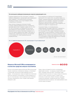 15Полугодовой отчет Cisco по безопасности за 2015 год | Аналитика угроз
Создатели вредоносного ПО, естественно, стремятся
избежать обнаружения и засекречивать места размещения
своих серверов. С этой целью многие используют
анонимную интернет-сеть Tor для передачи команд
и управляющих сообщений.
Наши эксперты обнаружили несколько случаев,
в которых семейства вредоносного ПО, в особенности
программ вымогателей, создавали трафик сети Tor. Хотя
Tor часто используется на предприятиях для вполне
благонамеренных целей (например, специалистами по
безопасности), его присутствие может указывать на то,
что в сети имеется вредоносный трафик. Некоторые из
особенностей, привлекающих обычных пользователей
к использованию Tor, также привлекательны для
злоумышленников.
Если специалисты по безопасности обнаруживают
деятельность Tor в своих сетях, они должны связать эту
находку с другими возможными индикаторами активности
вредоносного ПО, например с загрузкой исполняемых
файлов или подключениями к серверам, на которых
размещены комплекты эксплойтов, чтобы определить, не
является ли трафик Tor подозрительным.
На рисунке 9 видно, что злоумышленники,
развертывающие программу-вымогатель Cryptowall 2.0,
а также некоторые другие семейства вредоносного
ПО, используют Tor. (См. раздел «Эволюция программ-
вымогателей: история инноваций и снижения планки» на
стр. 13). Данные получены на основе исследований сетей
заказчиков Cisco, в ходе которых выявлены случаи, когда
Tor использовался в семействах вредоносного ПО между
октябрем 2014 года и маем 2015 года.
Рис. 9. Семейства вредоносного ПО, использующего Tor для коммуникаций
Источник: Cisco Security Research
Cryptowall 2.0 CryptoDefense ChanitorFsysnaLusy POS Cryptowall
3.0
CTB
Locker
Макросы Microsoft Office возвращаются
в качестве средства запуска эксплойтов
Всплеск использования макросов Microsoft Office для доставки
троянов, нацеленных на банковские операции, сигнализирует
о слиянии двух технологий из мира киберпреступности.
Первая — это воскрешение старых инструментов или векторов
угроз для повторного использования, а вторая базируется на
том, что столь быстрые и частые изменения угроз позволяют
постоянно перезапускать атаки, не давая таким образом
обнаружить себя.
Среди старых инструментов, взятых на вооружение
операторами троянов, — это макросы продуктов Microsoft
Office, например в Microsoft Word. Популярные среди
злоумышленников несколько лет назад, сегодня эти макросы
сошли со сцены, поскольку в какой-то момент были
отключены по умолчанию. Однако пользуясь подходами
социальной инженерии, злоумышленники могут убедить
пользователей включить макросы, тем самым добавив в свою
копилку новый инструмент.
Tor используется киберпреступниками для сокрытия коммуникаций в сети
Поделиться отчетом
 