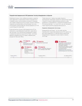 25Полугодовой отчет Cisco по безопасности за 2015 год | Аналитика угроз
Киберпреступники стали изобретательными в сокрытии
своих действий от аналитиков в области безопасности
и разработчиков технологических решений. Например,
они создают вредоносное ПО, которое пытается избежать
традиционных механизмов контроля вроде песочниц,
используемых аналитиками для запуска вредоносного ПО
и регистрации его действий.
В рассмотренных случаях такое вредоносное ПО не
запускалось при обнаружении действий, характерных
для песочниц. Эта тактика была обнаружена в одном
из вариантов комплекта эксплойтов Angler, некоторых
вариантах вредоносного ПО Upatre и вредоносных
документах Microsoft Office.
Чтобы бороться с такими тактиками сокрытия,
организациям необходимо применить комплексный подход
к защите, который в идеале должен включать в себя
возможность сканирования и определения вредоносного
ПО в ретроспективе, т. е. после того, как оно проникнет
через первоначальные барьеры безопасности.
Недавнее обнаружение песочницы
Обнаружение песочницы — это не новая тактика,
предпринятая создателями вредоносного ПО, однако она
все чаще применяется, по данным наших аналитиков,
обнаруживших следующие случаи в марте и апреле
2015 года.
1 марта 2015 г. 1 апреля 2015 г. 31 апреля 2015 г.
12 марта
Комплект
эксплойтов Angler
проверяет наличие
песочниц
и виртуальных машин
11 марта
Макросы,
выявляющие песочницы
и виртуальные машины
19 марта
Макросы на AutoClose()
19 марта
Upatre с модулем обхода за
счет проверки имен BIOS
14 апреля
Ухищрения с именами файлов
(имена файлов вредоносной
программы содержат
кириллические символы unicode,
которые вмешиваются в работу
сценариев запуска
вредоносного ПО в некоторых
автоматизированных песочницах)
Разработчики вредоносного ПО применяют тактику обнаружения и сокрытия
 