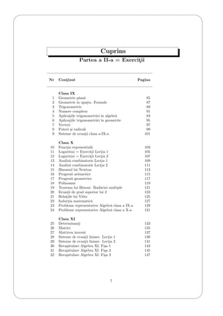 '
&
$
%
Cuprins
Partea a II-a = Exercit¸ii
Nr Cont¸inut Pagina
Clasa IX
1 Geometrie plan˘a 85
2 Geometrie ˆın spat¸iu. Formule 87
3 Trigonometrie 89
4 Numere complexe 91
5 Aplicat¸iile trigonometriei ˆın algebr˘a 83
6 Aplicat¸iile trigonometriei ˆın geometrie 95
7 Vectori 97
8 Puteri ¸si radicali 99
9 Sisteme de ecuat¸ii clasa a-IX-a 101
Clasa X
10 Funct¸ia exponential˘a 103
11 Logaritmi = Exercit¸ii Lect¸ia 1 105
12 Logaritmi = Exercit¸ii Lect¸ia 2 107
13 Analiz˘a combinatorie Lect¸ia 1 109
14 Analiz˘a combinatorie Lect¸ia 2 111
15 Binomul lui Newton 113
16 Progresii aritmetice 115
17 Progresii geometrice 117
18 Polinoame 119
19 Teorema lui B´ezout. Rad˘acini multiple 121
20 Ecuat¸ii de grad superior lui 2 123
21 Relat¸iile lui Vi`ete 125
22 Induct¸ia matematic˘a 127
23 Probleme reprezentative Algebr˘a clasa a IX-a 129
24 Probleme reprezentative Algebr˘a clasa a X-a 131
Clasa XI
25 Determinant¸i 133
26 Matrici 135
27 Matricea invers˘a 137
28 Sisteme de ecuat¸ii liniare. Lect¸ia 1 139
29 Sisteme de ecuat¸ii liniare. Lect¸ia 2 141
30 Recapitulare Algebra XI. Fi¸sa 1 143
31 Recapitulare Algebra XI. Fi¸sa 2 145
32 Recapitulare Algebra XI. Fi¸sa 3 147
7
 