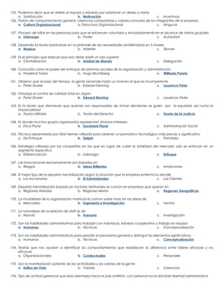 155. Podemos decir que se refiere al impulso y esfuerzo por satisfacer un deseo o meta
a. Satisfacción
b. Motivación
c. Incentivos
156. Patrón de comportamiento general, creencias compartidas y valores comunes de los integrantes de la empresa
a. Cultura Organizacional
b. Estructura Organizacional
c. Ninguna
157. Proceso de influir en las personas para que se esfuercen voluntaria y entusiastamente en el alcance de metas grupales
a. Liderazgo
b. Poder
c. Autoridad
158. Desarrolla la teoría basándose en la pirámide de las necesidades dividiéndolas en 5 niveles
a. Maslow
b. Alderfer
c. Skinner
159. Es el principio que estipula que solo debe existir un solo superior
a. Centralización
b. Unidad de Mando

c.

Delegación

160. Conocido como el padre del enfoque de sistemas sociales de la organización y administración
a. Frederick Taylor
b. Hugo Muntzberg
c. Wilfredo Pareto
161. Observo que al paso del tiempo, la gente asciende hasta un nivel en el que es incompetente
a. Peter Druker
b. Edward Deming
c. Laurence Peter
162. Introdujo el control de calidad total en Japón
a. Peter Druker
b. Edward Deming

c.

Laurence Peter

163. Es la teoría que demanda que quienes son responsables de tomar decisiones se guíen por la equidad, así como la
imparcialidad
a. Teoría Utilitaria
b. Teoría del Derecho
c. Teoría de la Justicia
164. Es donde muchos grupos organizados representan diversos intereses
a. Etica Plural
b. Sociedad Plural

c.

Administración Social

165. Técnica desarrollada por Olaf Helmer utilizada para obtener un pronóstico tecnológico más preciso y significativo
a. De Enfoque
b. Delphi
c. Portafolio
166. Estrategia utilizada por las compañías en las que en lugar de cubrir la totalidad del mercado solo se enfocan en un
segmento específico
a. Diferenciación
b. Liderazgo
c. Enfoque
167. Las innovaciones exclusivamente son basadas en
a. Riesgos
b. Ideas Brillantes

c.

Ambiciones

168. El mejor tipo de la departa mentalización según la situación que la empresa enfrenta la decide
a. Los Accionistas
b. El Administrador
c. Los Clientes
169. Departa mentalización basada en factores territoriales es común en empresas que operan en
a. Regiones Aisladas
b. Regiones Mixtas
c. Regiones Geográficas
170. La modalidad de la organización matricial es común sobre todo en las áreas de
a. Mercadeo
b. Ingeniería e Investigación

c.

Ventas

171. La naturaleza de la relación de staff es de
a. Mando
b. Asesoría

c.

Investigación

172. Son las habilidades administrativas para trabajar con individuos, esfuerzo cooperativo y trabajo en equipo
a. Humanas
b. Técnicas
c. Conceptualización
173. Son las habilidades administrativas para percibir el panorama general y distinguir los elementos significativos
a. Humanas
b. Técnicas
c. Conceptualización
174. Teorías que nos ayudan a identificar los comportamientos que establecen la diferencia entre líderes eficaces y no
eficaces
a. Organizacionales
b. Conductuales
c. Personales
175. Son la manifestación patente de las actividades y los valores de la gente
a. Estilos de Vida
b. Valores

c.

Creencias

176. Tipo de actitud gerencial que esta orientada hacia el país anfitrión, con personal local dándole libertad administrativa

 