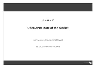 a+b=?

Open APIs: State of the Market


   John Musser, ProgrammableWeb

      QCon, San Francisco 2008
 