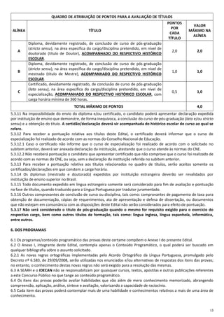 13
QUADRO DE ATRIBUIÇÃO DE PONTOS PARA A AVALIAÇÃO DE TÍTULOS
ALÍNEA TÍTULO
PONTOS
POR
CADA
TÍTULO
VALOR
MÁXIMO NA
ALÍNEA
A
Diploma, devidamente registrado, de conclusão de curso de pós-graduação
(stricto sensu), na área específica do cargo/disciplina pretendido, em nível de
doutorado (título de Doutor), ACOMPANHADO DO RESPECTIVO HISTÓRICO
ESCOLAR.
2,0 2,0
B
Diploma, devidamente registrado, de conclusão de curso de pós-graduação
(stricto sensu), na área específica do cargo/disciplina pretendido, em nível de
mestrado (título de Mestre), ACOMPANHADO DO RESPECTIVO HISTÓRICO
ESCOLAR.
1,0 1,0
C
Certificado, devidamente registrado, de conclusão de curso de pós-graduação
(lato sensu), na área específica do cargo/disciplina pretendido, em nível de
especialização, ACOMPANHADO DO RESPECTIVO HISTÓRICO ESCOLAR, com
carga horária mínima de 360 horas.
0,5 1,0
TOTAL MÁXIMO DE PONTOS 4,0
5.3.11 Na impossibilidade do envio do diploma e/ou certificado, o candidato poderá apresentar declaração expedida
por instituição de ensino que demonstre, de forma inequívoca, a conclusão do curso de pós-graduação (lato e/ou stricto
sensu) e a obtenção do título. A certidão/declaração deverá vir acompanhada do histórico escolar do curso ao qual se
refere.
5.3.12 Para receber a pontuação relativa aos títulos deste Edital, o certificado deverá informar que o curso de
especialização foi realizado de acordo com as normas do Conselho Nacional de Educação.
5.3.12.1 Caso o certificado não informe que o curso de especialização foi realizado de acordo com o solicitado no
subitem anterior, deverá ser anexada declaração da instituição, atestando que o curso atende às normas do CNE.
5.3.12.2 Não receberá pontuação o candidato que apresentar certificado que não comprove que o curso foi realizado de
acordo com as normas do CNE, ou seja, sem a declaração da instituição referida no subitem anterior.
5.3.13 Para receber a pontuação relativa aos títulos relacionados no quadro de títulos, serão aceitos somente os
certificados/declarações em que constem a carga horária.
5.3.14 Os diplomas (mestrado e doutorado) expedidos por instituição estrangeira deverão ser revalidados por
instituição de ensino superior no Brasil.
5.3.15 Todo documento expedido em língua estrangeira somente será considerado para fim de avaliação e pontuação
na fase de títulos, quando traduzido para a Língua Portuguesa por tradutor juramentado.
5.3.16 Outros comprovantes de conclusão de curso ou disciplina, tais como: comprovantes de pagamento de taxa para
obtenção de documentação, cópias de requerimentos, ata de apresentação e defesa de dissertação, ou documentos
que não estejam em consonância com as disposições deste Edital não serão considerados para efeito de pontuação.
5.3.17 Não será considerado o título de pós-graduação quando o mesmo for requisito exigido para o exercício do
respectivo cargo, bem como outros títulos de formação, tais como: língua inglesa, língua espanhola, informática,
entre outros.
6. DOS PROGRAMAS
6.1 Os programas/conteúdo programático das provas deste certame compõem o Anexo I do presente Edital.
6.2 O Anexo I, integrante deste Edital, contempla apenas o Conteúdo Programático, o qual poderá ser buscado em
qualquer bibliografia sobre o assunto solicitado.
6.2.1 As novas regras ortográficas implementadas pelo Acordo Ortográfico da Língua Portuguesa, promulgado pelo
Decreto nº 6.583, de 29/09/2008, serão utilizadas nos enunciados e/ou alternativas de respostas dos itens das provas;
no entanto, o conhecimento destas novas regras não será exigido para a resolução das mesmas.
6.3 A SEARH e o IDECAN não se responsabilizam por quaisquer cursos, textos, apostilas e outras publicações referentes
a este Concurso Público no que tange ao conteúdo programático.
6.4 Os itens das provas poderão avaliar habilidades que vão além de mero conhecimento memorizado, abrangendo
compreensão, aplicação, análise, síntese e avaliação, valorizando a capacidade de raciocínio.
6.5 Cada item das provas poderá contemplar mais de uma habilidade e conhecimentos relativos a mais de uma área de
conhecimento.
 