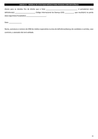 25
ANEXO IV – MODELO DE ATESTADO MÉDICO PARA PESSOAS COM DEFICIÊNCIA
Atesto para os devidos fins de direito que o Sr(a) ___________________________________ é portador(a) da(s)
deficiência(s) ______________________, Código Internacional da Doença (CID) __________, que resulta(m) na perda
da(s) seguinte(s) função(ões) ______________________.
Data: ______________
Nome, assinatura e número do CRM do médico especialista na área de deficiência/doença do candidato e carimbo, caso
contrário, o atestado não terá validade.
 