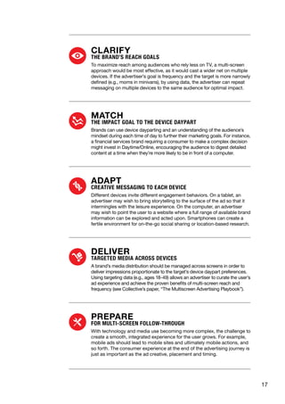 17
CLARIFY
THE BRAND’S REACH GOALS
To maximize reach among audiences who rely less on TV, a multi-screen
approach would be most effective, as it would cast a wider net on multiple
devices. If the advertiser’s goal is frequency and the target is more narrowly
defined (e.g., moms in minivans), by using data, the advertiser can repeat
messaging on multiple devices to the same audience for optimal impact.
MATCH
THE IMPACT GOAL TO THE DEVICE DAYPART
Brands can use device dayparting and an understanding of the audience’s
mindset during each time of day to further their marketing goals. For instance,
a financial services brand requiring a consumer to make a complex decision
might invest in Daytime/Online, encouraging the audience to digest detailed
content at a time when they’re more likely to be in front of a computer.
ADAPT
CREATIVE MESSAGING TO EACH DEVICE
Different devices invite different engagement behaviors. On a tablet, an
advertiser may wish to bring storytelling to the surface of the ad so that it
intermingles with the leisure experience. On the computer, an advertiser
may wish to point the user to a website where a full range of available brand
information can be explored and acted upon. Smartphones can create a
fertile environment for on-the-go social sharing or location-based research.
DELIVER
TARGETED MEDIA ACROSS DEVICES
A brand’s media distribution should be managed across screens in order to
deliver impressions proportionate to the target’s device daypart preferences.
Using targeting data (e.g., ages 18-49) allows an advertiser to curate the user’s
ad experience and achieve the proven benefits of multi-screen reach and
frequency (see Collective’s paper, “The Multiscreen Advertising Playbook”).
PREPARE
FOR MULTI-SCREEN FOLLOW-THROUGH
With technology and media use becoming more complex, the challenge to
create a smooth, integrated experience for the user grows. For example,
mobile ads should lead to mobile sites and ultimately mobile actions, and
so forth. The consumer experience at the end of the advertising journey is
just as important as the ad creative, placement and timing.
 