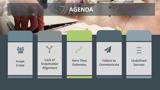 AGENDA
AGENDA
Lack of
Stakeholder
Alignment
Hero Time
Estimates
Scope
Creep
Failure to
Communicate
Undefined
Success
 