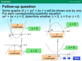 Follow-up question
 > 0
Some graphs of y = ax2 + bx + c will be shown one by one.
For each corresponding quadratic equation
ax2 + bx + c = 0, determine whether  > 0,  = 0 or  < 0.
 > 0
 = 0
 < 0
O
y
x
O
y
x
O
y
x
O
x
y
no
x-intercepts
2
x-intercepts
2
x-intercepts
1
x-intercept
 