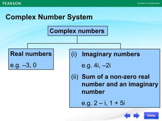 (i) Imaginary numbers
e.g. 4i, –2i
(ii) Sum of a non-zero real
number and an imaginary
number
e.g. 2 – i, 1 + 5i
Real numbers
e.g. –3, 0
Complex numbers
Complex Number System
 